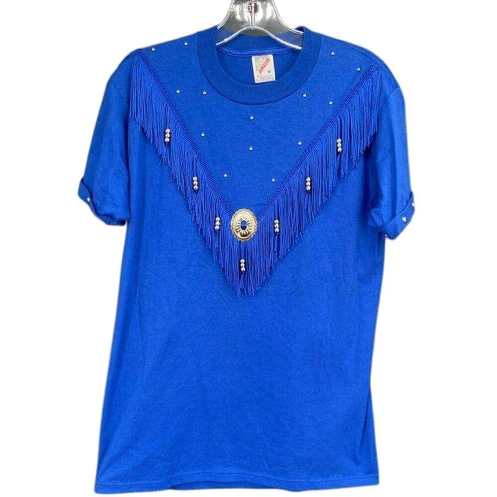 Vintage Jerzees Blue Fringe Tee Western Beaded Festival Shirt  M - Unisex?